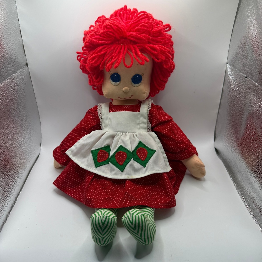 Handmade Rag Doll Girl 13" Strawberry Shortcake Style Red Yarn Hair Cottagecore